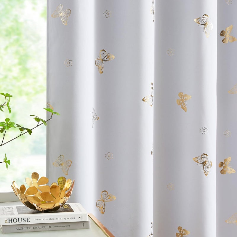 Jubilantex Metallic Butterfly Blackout Curtains 54" Long for Small Window Greyish White and Gold Print Butterfly Curtains Energy Saving Grommet Top for Bedroom Girls Room,52 W - Image 2